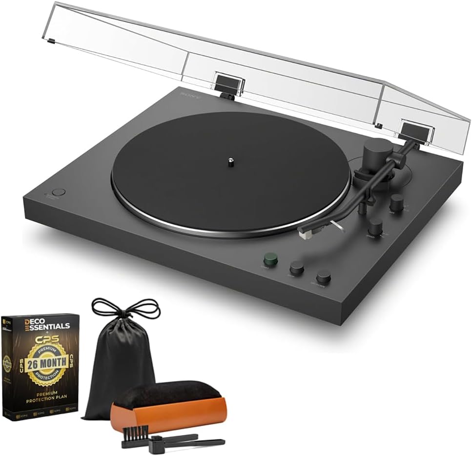 Sony PSLX3BT - Tocadiscos de reproducción automática completa con conectividad Bluetooth, paquete negro con kit de limpieza de discos de vinilo Deco Gear y Deco Essentials 2 años CPS paquete de protección mejorada