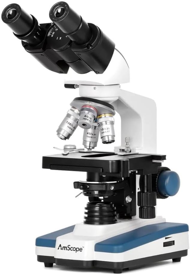 AmScope Serie B120 Microscopio compuesto binocular LED para estudiantes y profesionales - aumento 40X-2500X - Incluye cámara USB de 5MP y cabezal Siedentopf