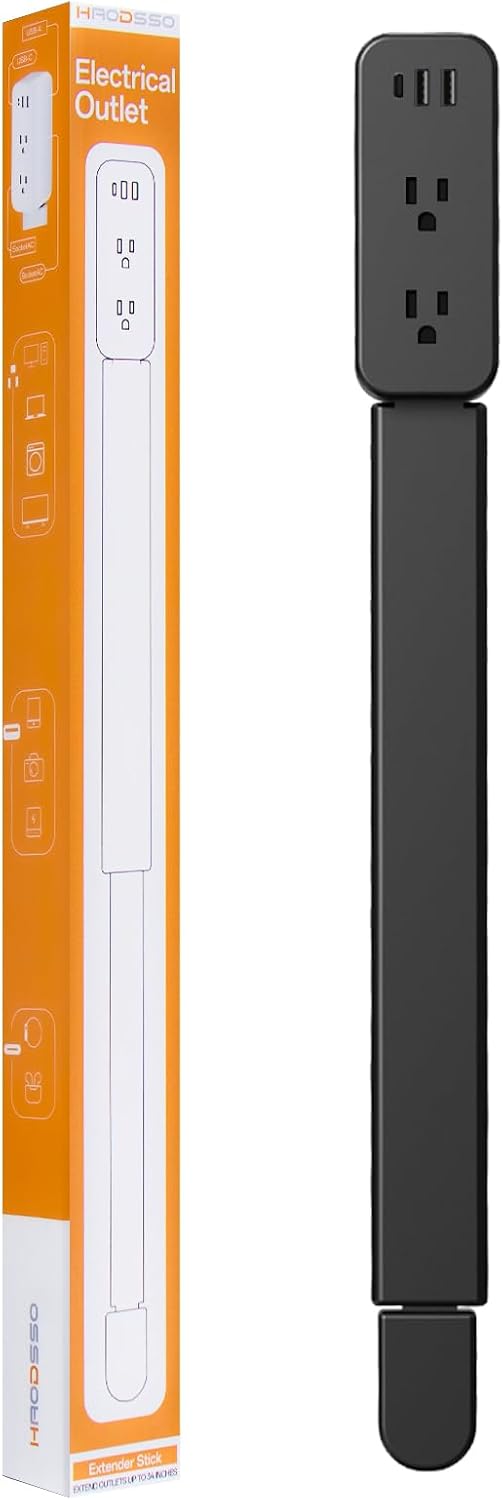 Extensor de toma de corriente eléctrica: cuenta con USB-A, USB-C y 2 salidas de CA, se extiende de 22 a 34 pulgadas, gira tomas de acceso de 180° de difícil acceso, enchufe de pared, mesitas de noche