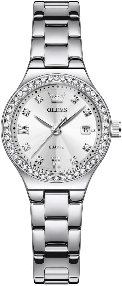 OLEVS Reloj para Mujer Plateado de Acero Inoxidable Elegante Analógico Lúmenes Visibles