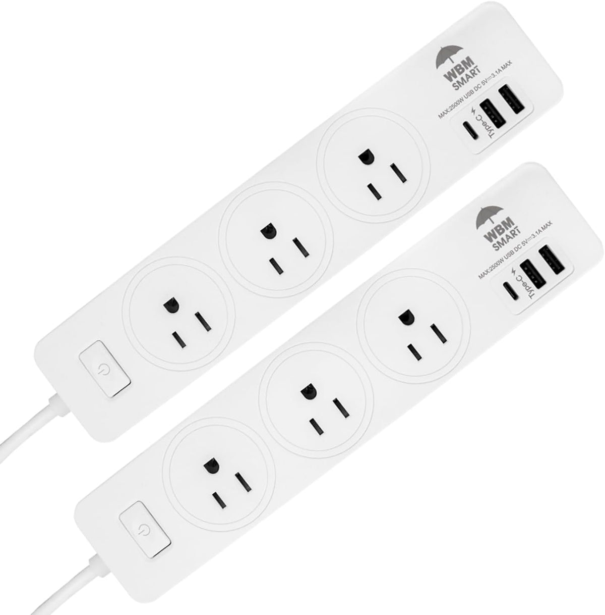 WBM SMART Regleta de alimentación de 5.9 pies 10 A - Enchufe de cable de extensión, paquete de 2 con 2 puertos USB y 1 enchufe tipo C, extensor de salida múltiple para el hogar, la oficina y el