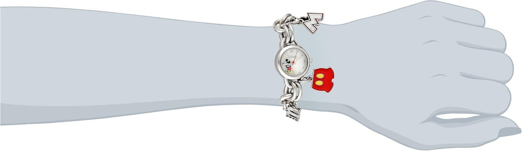 Disney Mickey Mouse - Reloj de pulsera para niños con esfera impresa de Mickey y dijes de personajes divertidos, eslabones de cadena con acabado plateado, se adapta a muñecas de 5.5 a 8 pulgadas
