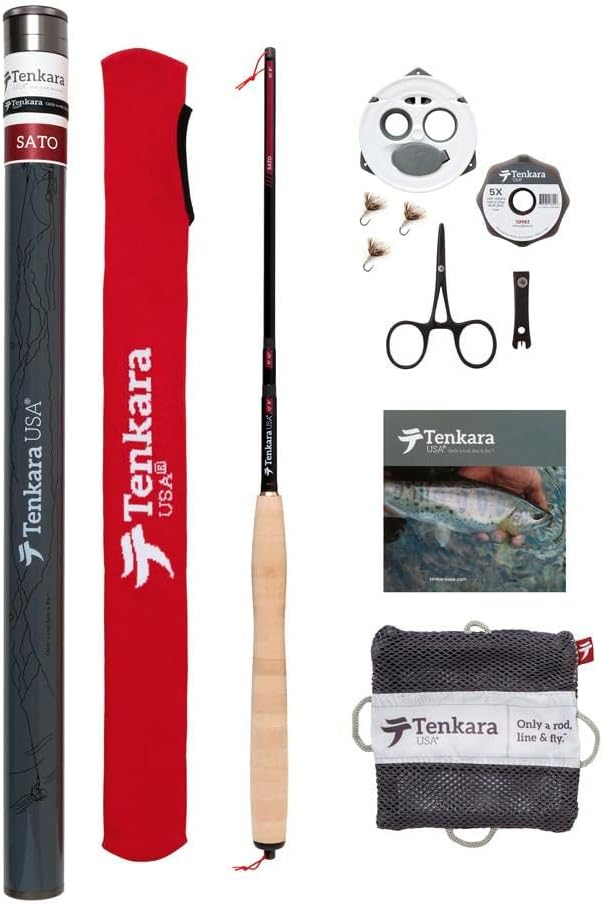 Tenkara USA Caña SATO™ para pesca con mosca, para peces grandes y pequeños - Fibra de carbono, ligera, telescópica, ajustable, 3 longitudes múltiples (10'8"/ 11'10"/ 12'9")... (Kit de inicio completo)
