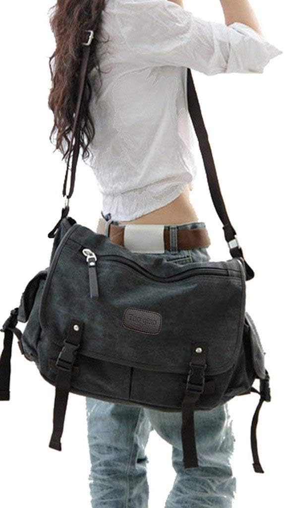 [Mejorado] Bolso mensajero vintage de lona para laptop 13" 15.6" 17" grande para libros y hombro para mujer y hombre Nuevo (Negro, X-Large)