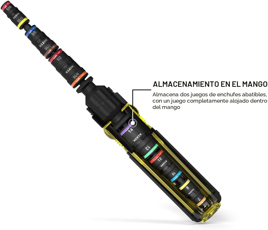 Klein Tools 32914HD Juego de llaves de vaso 14 en 1 con clasificación de impacto, tamaños SAE y métricos, juego de enchufes magnéticos con 12 destornilladores hexagonales y soporte para brocas