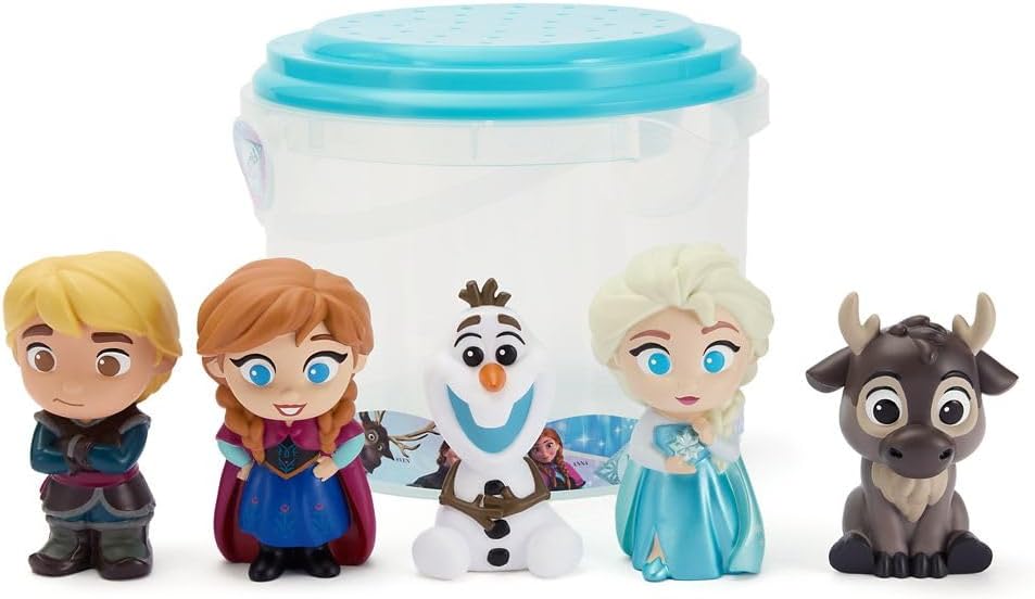 Disney Store Juego oficial de juguetes de baño de Frozen – Incluye 5 juguetes detallados con un cubo de almacenamiento colador – Diversión para el baño y juego acuático para niños
