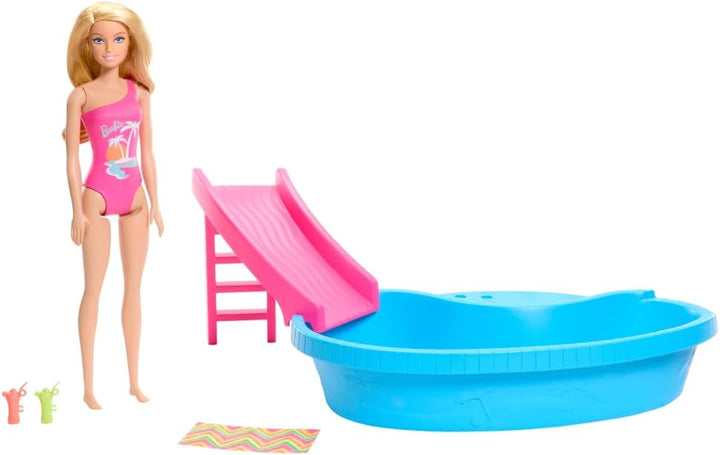 Muñeca Barbie y set de juego con piscina, rubia en traje de baño de...