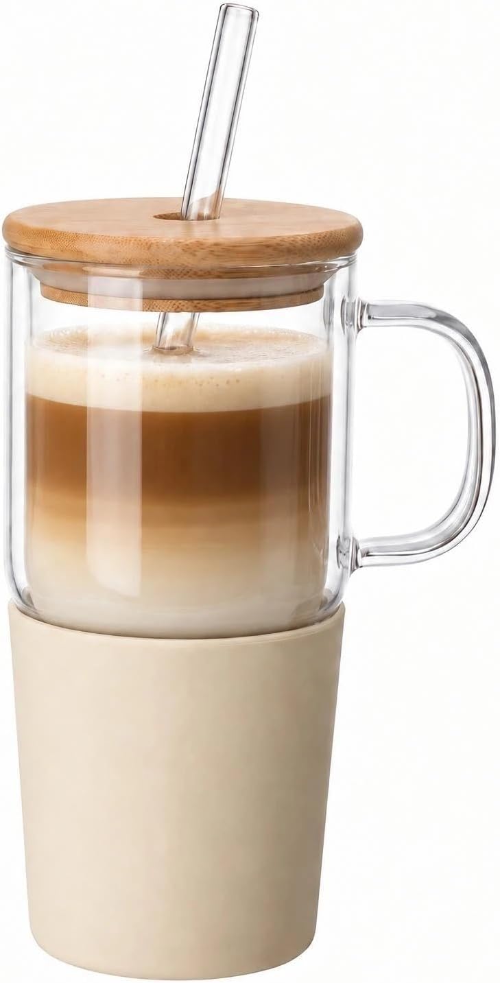 Vaso de vidrio de doble pared con asa y tapa con popote, taza de viaje aislada de 20 onzas para bebidas frías y calientes, vaso de vidrio transparente apto para portavasos