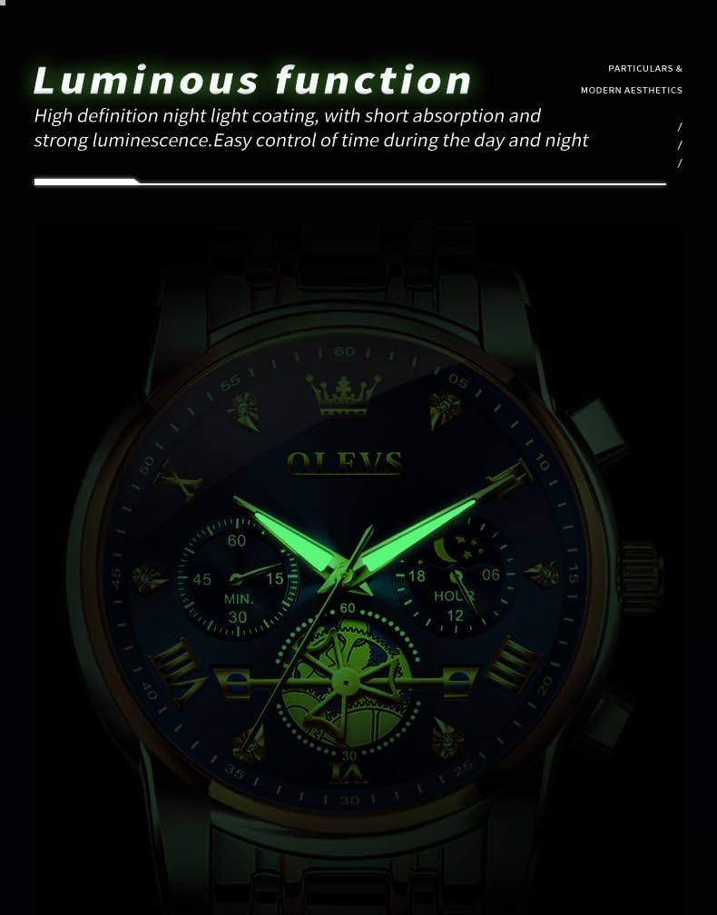 OLEVS Reloj azul para hombre con fase lunar, vestir analógico de acero inoxidable, impermeable, luminoso, fecha, dos tonos, lujo casual, pulsera