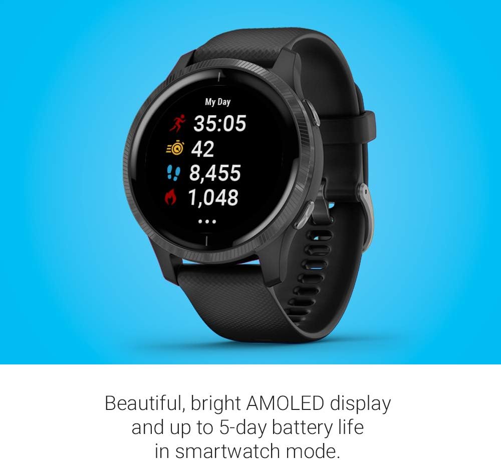 Garmin 010-02173-11 Venu, GPS SmartWatch con pantalla táctil brillante, presenta música, monitoreo de energía corporal, entrenamientos animados, sensor de buey de pulso y más, negro