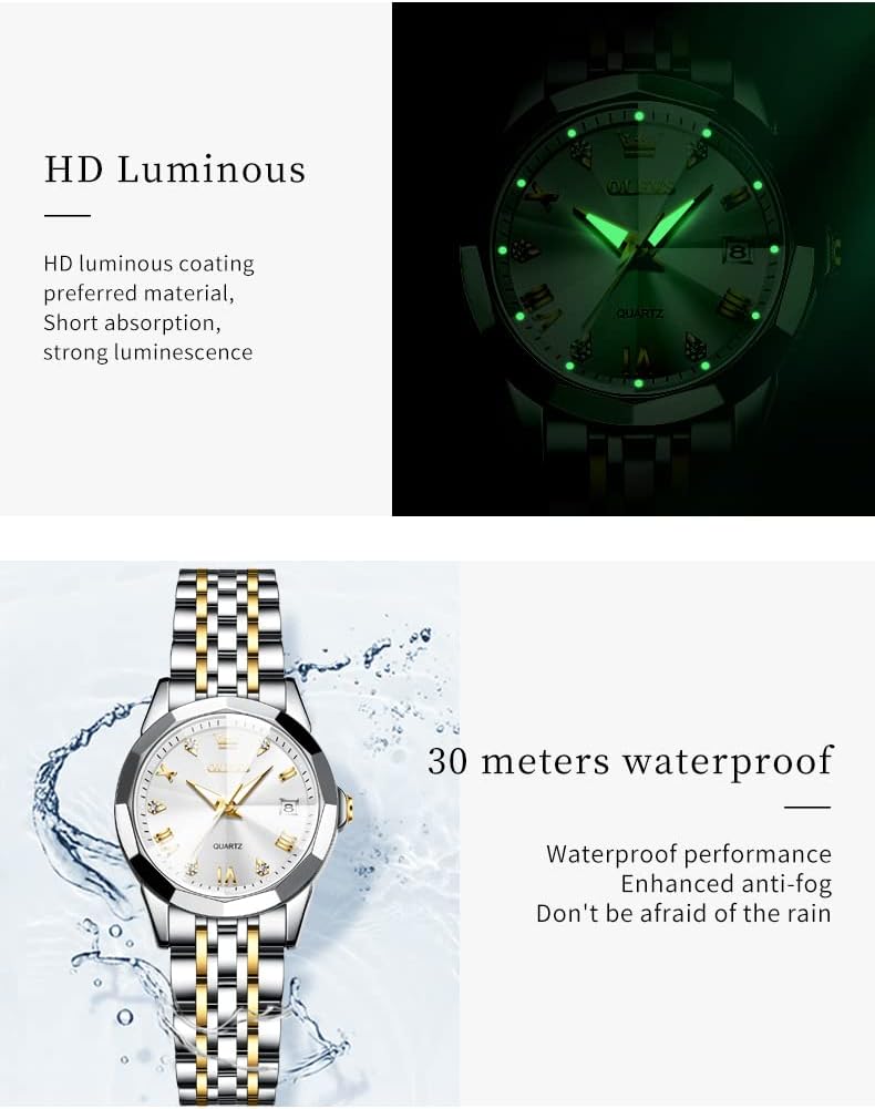 OLEVS Reloj para Mujer Moderno de Moda con Diamantes para Damas Analógico, Acero Inoxidable, Resistente al Agua, Luminosa, Día, Fecha, Dos Tonos
