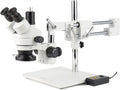 AmScope Microscopio profesional trinocular con zoom estéreo SM-4TZ-144A, unidades de visualización WH10x, aumento de 3,5X-90X, objetivo con zoom 0,7X-4,5X, anillo de luz LED de 4 zonas, soporte de tipo jirafa con 2 brazos, 110V-240V, incluye lentes Barlow