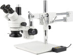 AmScope Microscopio profesional trinocular con zoom estéreo SM-4TZ-144A, unidades de visualización WH10x, aumento de 3,5X-90X, objetivo con zoom 0,7X-4,5X, anillo de luz LED de 4 zonas, soporte de tipo jirafa con 2 brazos, 110V-240V, incluye lentes Barlow