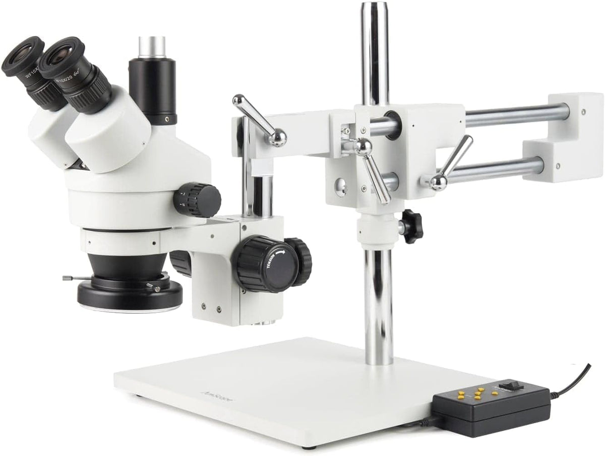 AmScope Microscopio profesional trinocular con zoom estéreo SM-4TZ-144A, unidades de visualización WH10x, aumento de 3,5X-90X, objetivo con zoom 0,7X-4,5X, anillo de luz LED de 4 zonas, soporte de tipo jirafa con 2 brazos, 110V-240V, incluye lentes Barlow