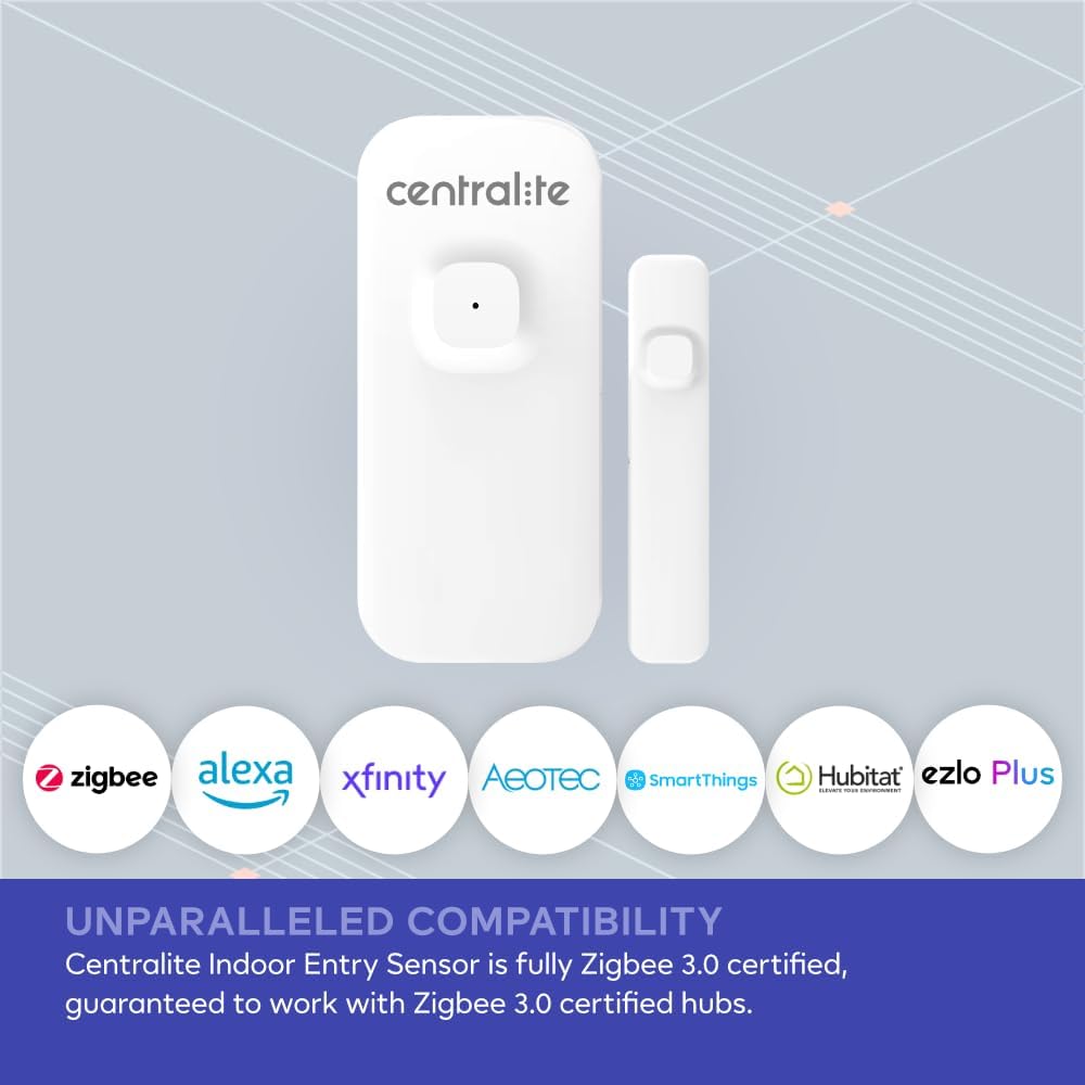 Centralite Sensor de entrada interior con batería recargable | Sensor inteligente de ventana de puerta de casa | Compatible con Zigbee 3.0 | Alarma de seguridad inalámbrica | Compatible con