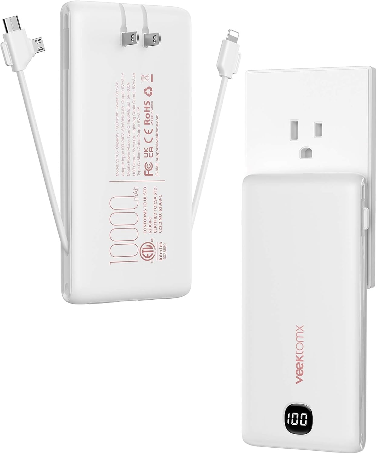 VEEKTOMX Cargador portátil con cables integrados de 10000 mAh, banc...