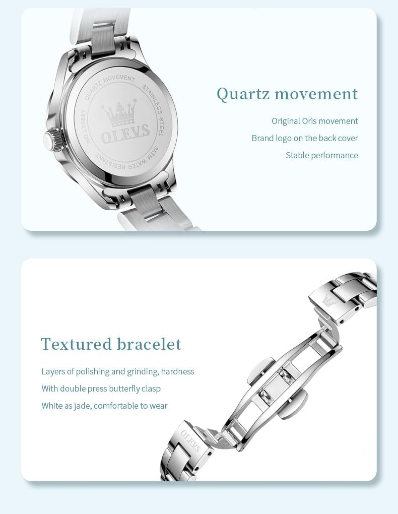 OLEVS Reloj para Mujer Plateado de Acero Inoxidable Elegante Analógico Lúmenes Visibles