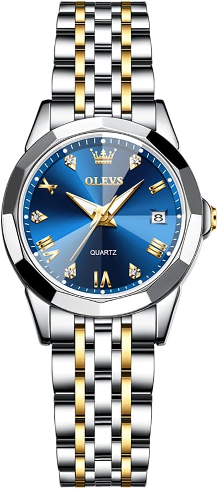 OLEVS Reloj para Mujer Moderno de Moda con Diamantes para Damas Analógico, Acero Inoxidable, Resistente al Agua, Luminosa, Día, Fecha, Dos Tonos