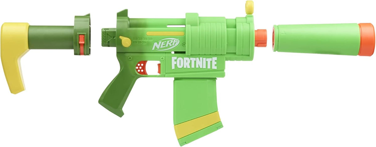 Nerf Fortnite SMG-Zesty Blaster, 10 Dardos Nerf Elite, Cargador de 10 Dardos, Culata y Cañón Removibles, Regalos Fortnite para Boys & Girls