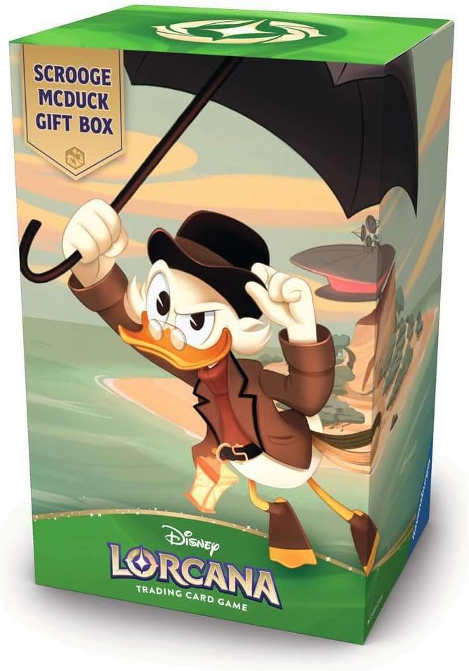 Ravensburger Disney Lorcana TCG: Scrooge McDuck - Tarjeta promocional de papel de aluminio brillante, 5 paquetes de refuerzo surtidos, caja de almacenamiento y divisores, juego de cartas coleccionables de Disney, a partir de 8 años