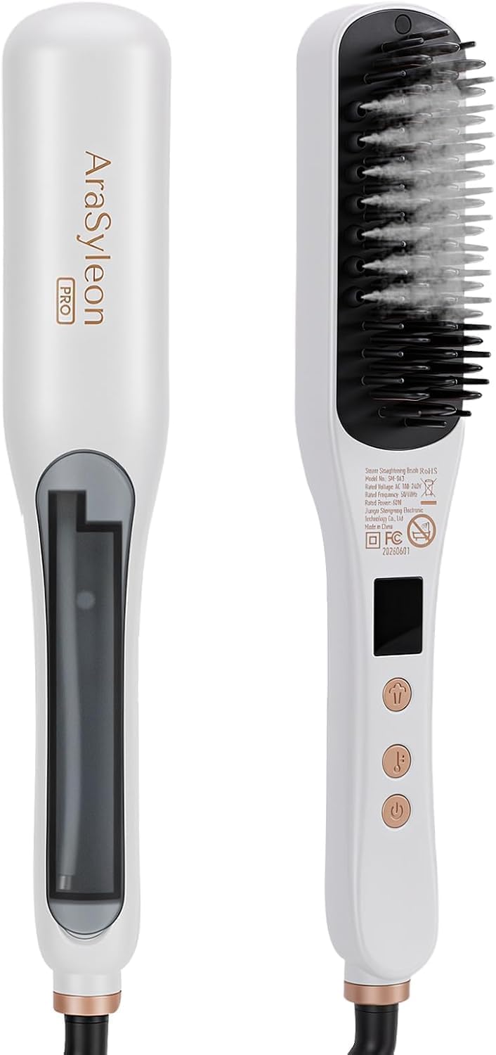 Pro Steam Hair Brush Straightener for Coarse Hair, White | Steam St...