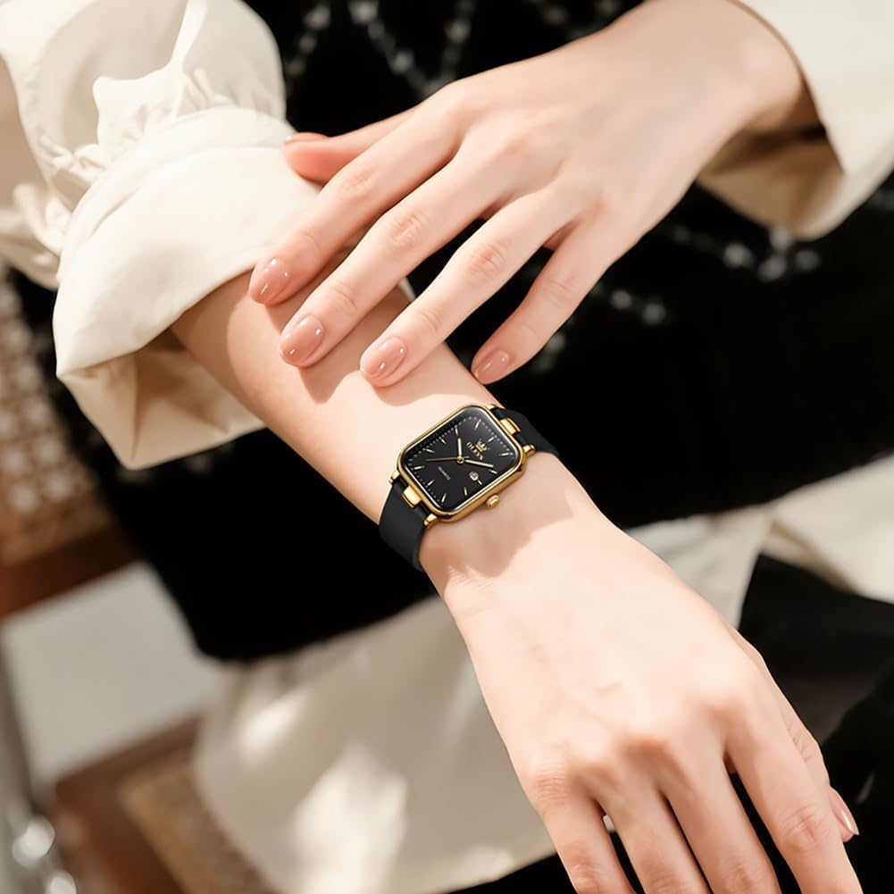 OLEVS Reloj para Mujer Casual Fashion Cuadrante Cuadrado Correa de Silicona Negra Elegante Delicado Cuarzo a Prueba de Agua Lectura Fácil