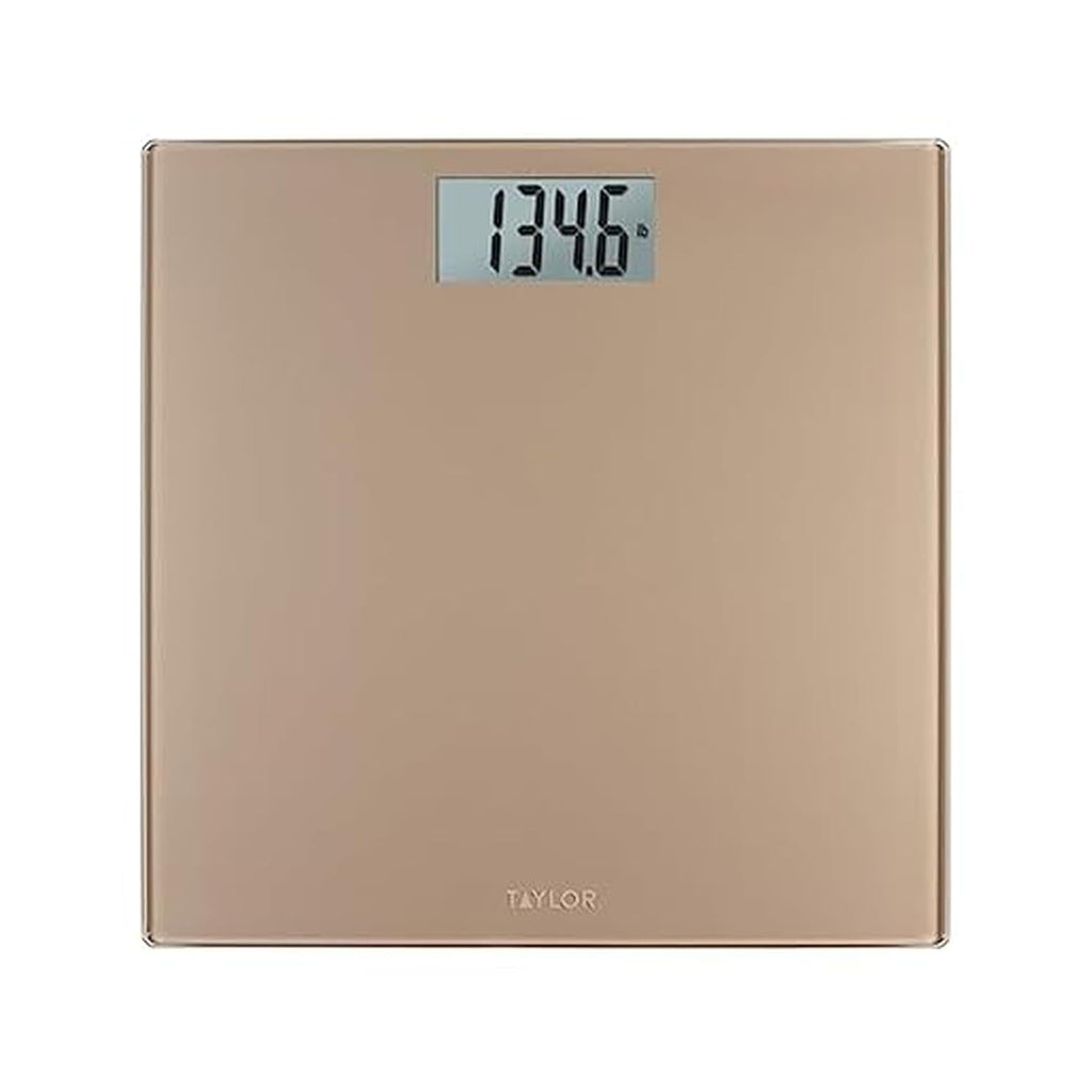 Taylor Báscula digital para peso corporal, capacidad altamente precisa de 400 libras, plataforma de vidrio duradera de 11.8 x 11.8 pulgadas, pantalla fácil de leer de 3.2 x 1.5 pulgadas, champán