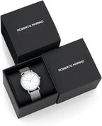 Roberto Marino RM1611 Reloj de malla para mujer – Acero inoxidable plateado, 3ATM, esfera blanca