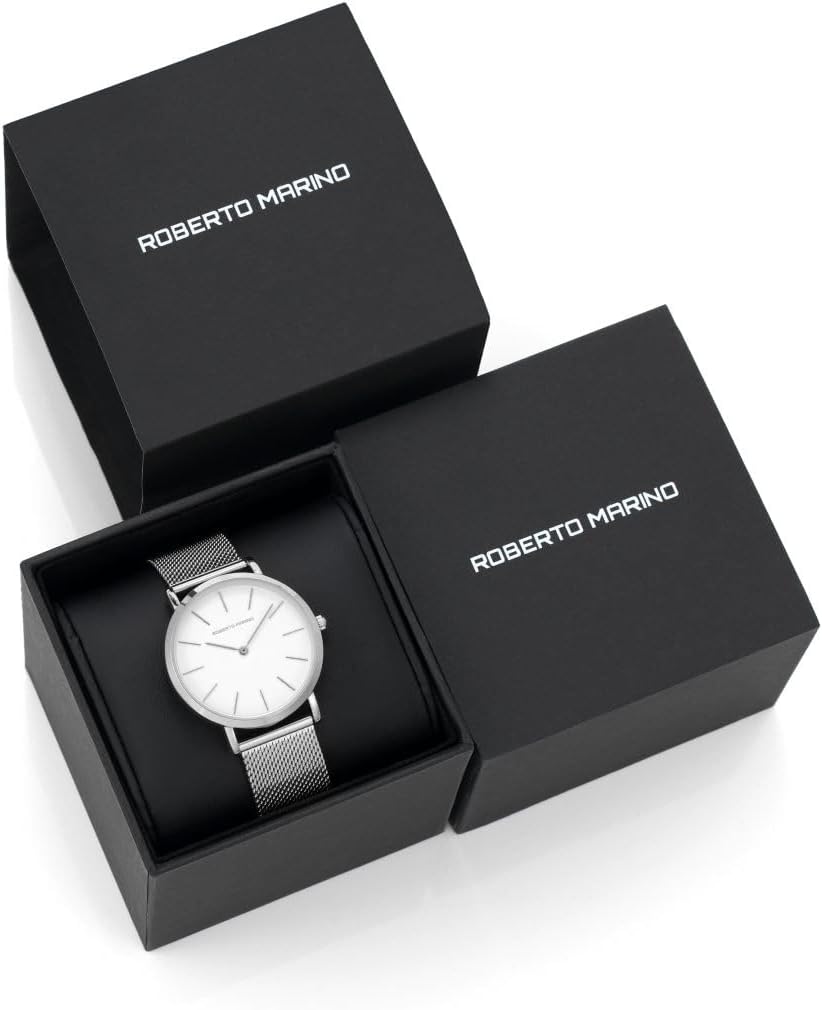 Roberto Marino RM1611 Reloj de malla para mujer – Acero inoxidable plateado, 3ATM, esfera blanca