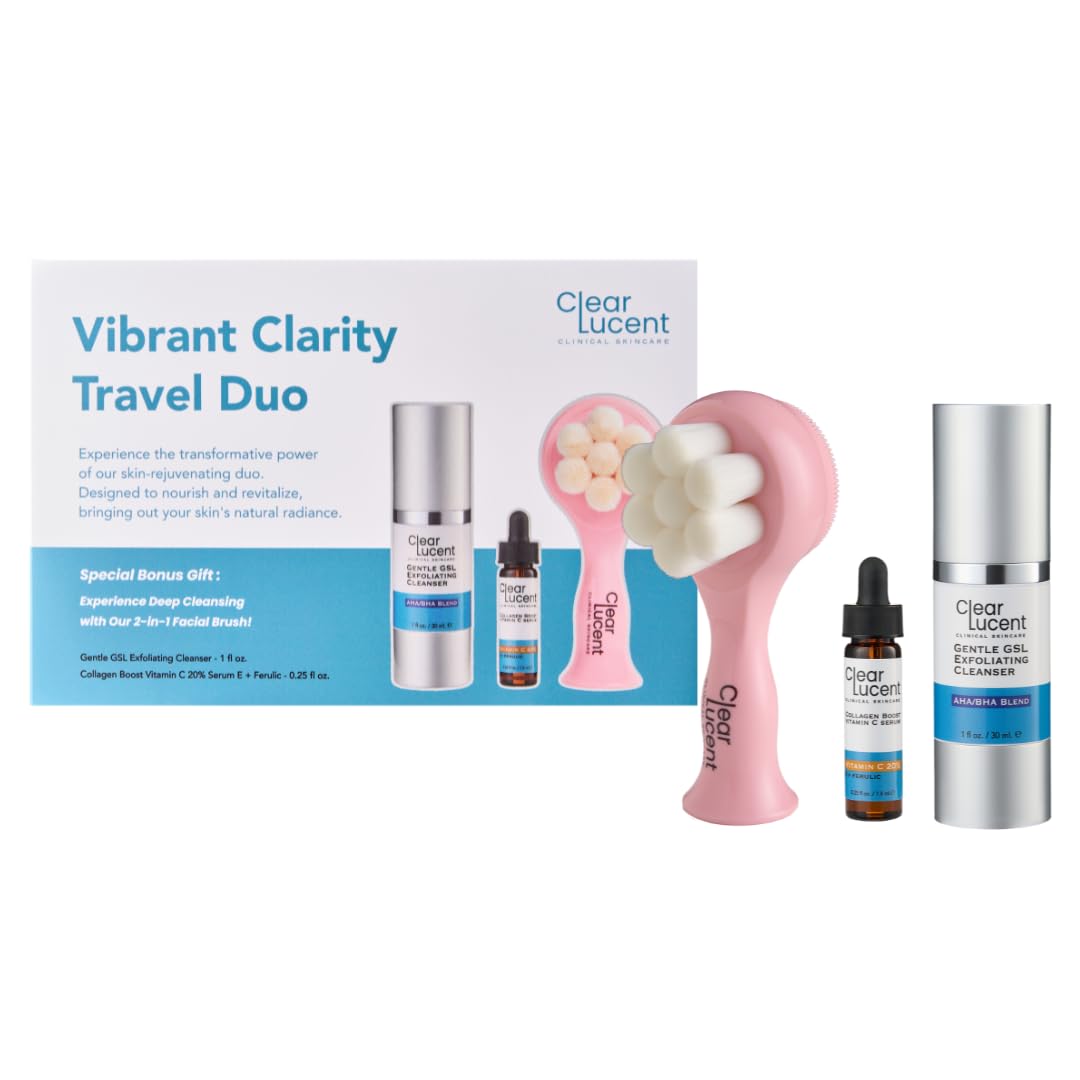 Vibrant Clarity Travel Skincare Set | Limpiador exfoliante GSL AHA/BHA compatible con la TSA y 20% vitamina C + E + suero ferúlico con cepillo facial y bolsa de viaje | Piel de vidrio para llevar