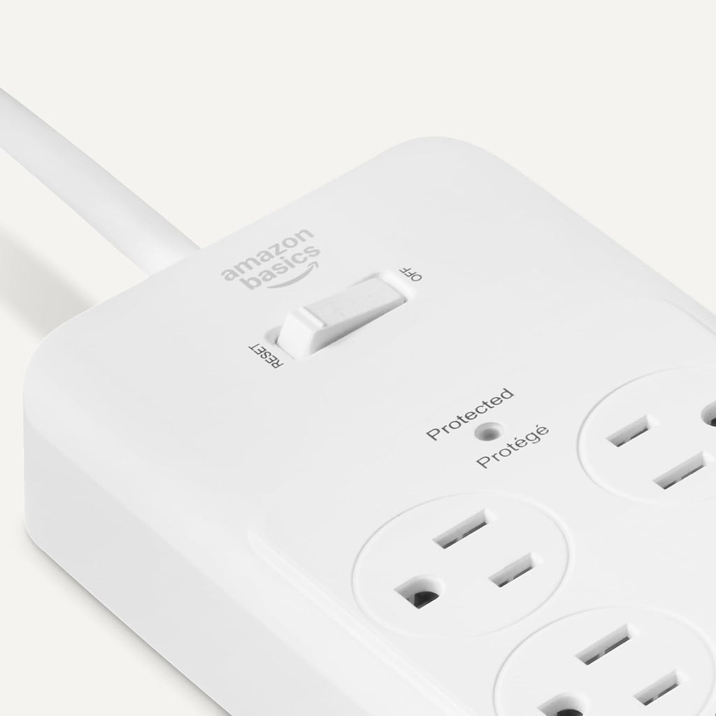 Amazon Basics Regleta protectora contra sobretensiones de 12 tomas, 4000 julios, cable de extensión de 8 pies, rectangular, para el hogar, oficina, sala de juegos, color blanco