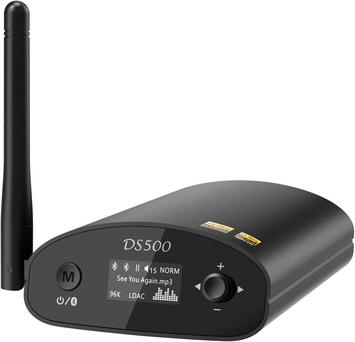 1Mii DS500 Receptor Bluetooth 5.3 de alta resolución, DAC audiófilo de 32 bits/384 kHz, LDAC sin pérdida y aptX HD, pantalla OLED, ecualizador integrado, salida RCA/óptica/coaxial para estéreo