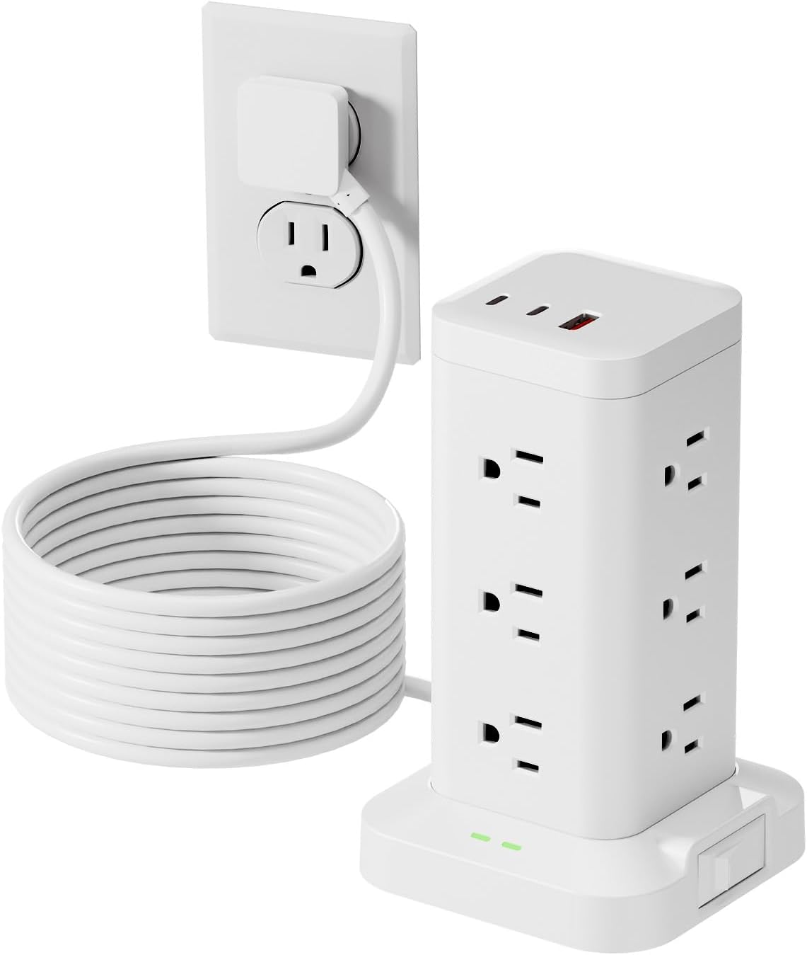 Regleta de alimentación 12AC 3USB, protector contra sobretensiones, cable de extensión de 10 pies, color blanco, 1