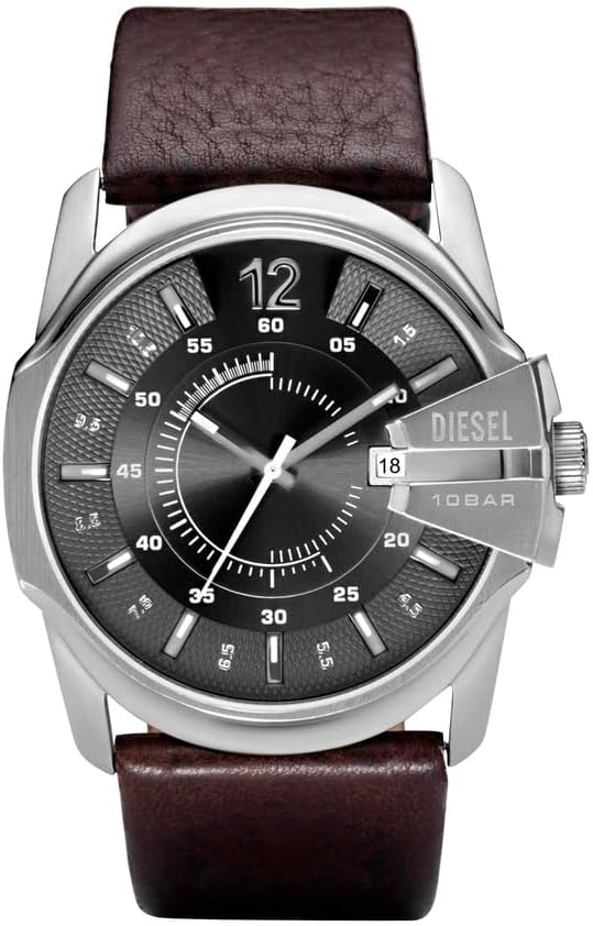 Diesel Master Chief Reloj para hombre, acero inoxidable y cuero, analógico de tres manecillas, color plateado, marrón