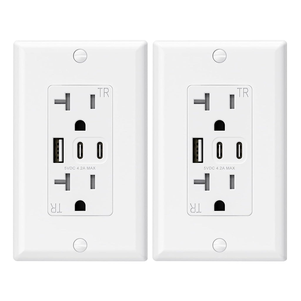 ELEGRP Tomacorrientes USB, toma de pared de 20 amperios con 3 puertos USB, enchufes de puertos USB C duales, receptáculos de salidas USB resistentes a manipulaciones TR, placa de pared incluida