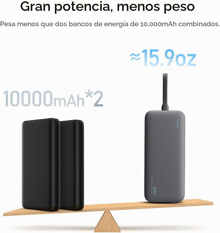 CUKTECH Banco de energía de 20,000 mAh con cable USB-C integrado, c...