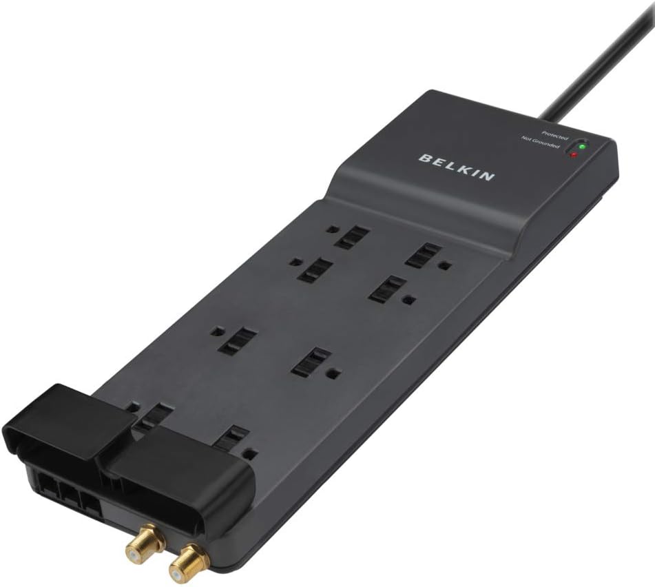 Belkin - Regleta de protección contra sobretensiones, 8 tomas de corriente alterna múltiple con cable de extensión de 12 pies, extensor de salida con certificación UL con plano para el hogar, oficina