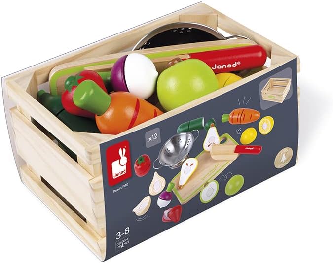 Janod Juego maxi de frutas y verduras - Comida de madera para jugar en rodajas - Juego de 13 piezas - A partir de 3 años - J06607