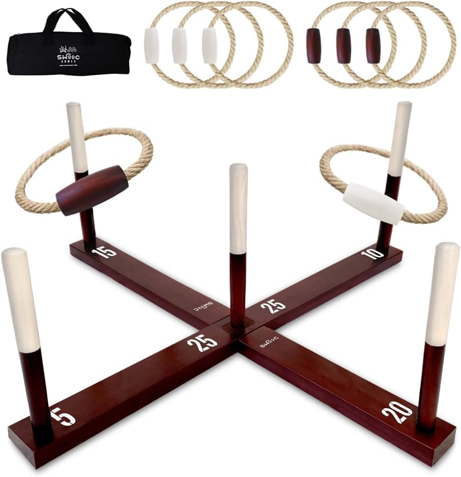 Swooc Juegos - Juego rústico de lanzamiento de anillos (todo tipo de clima) - Fácil configuración y juegos adicionales incluidos - Juego de lanzamiento de anillos para adultos - Actividades al aire