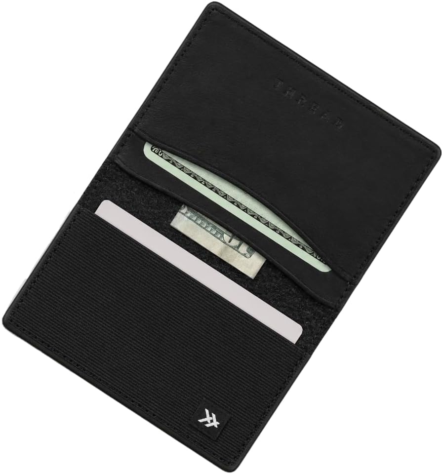 Thread Wallets RFID Bloqueo Slim Cartera de cuero plegable con protección de tarjeta (negro)