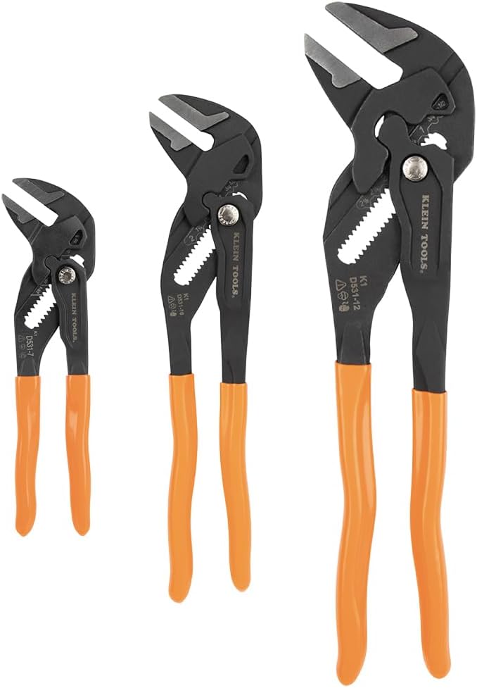 Klein Tools D53103KIT Juego de llaves de alicates ajustables, alicates compactos de mandíbula lisa paralela de alto apalancamiento, 7 pulgadas, 10 pulgadas y 12 pulgadas, 3 piezas