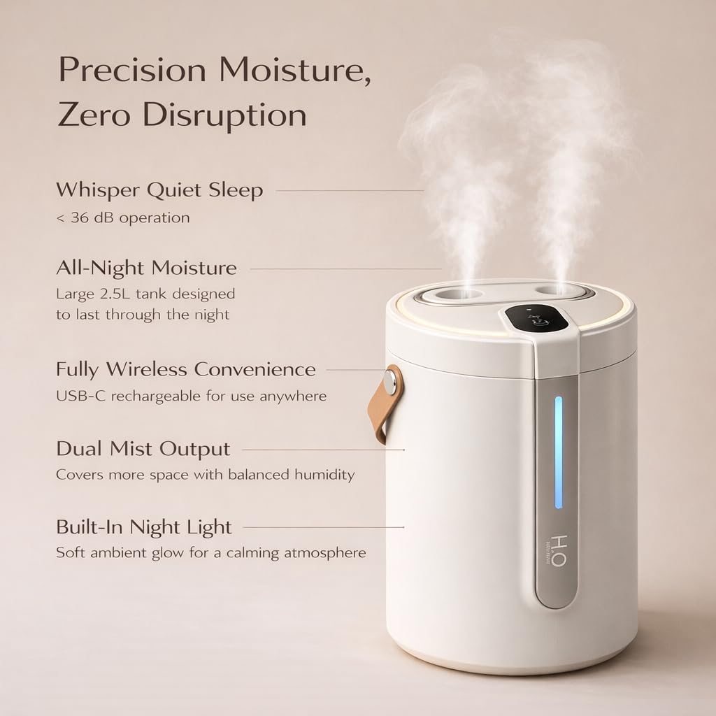 Humidificador inalámbrico para el hogar, dormitorio, oficina, guardería y viajes, carga USB-C, niebla fría