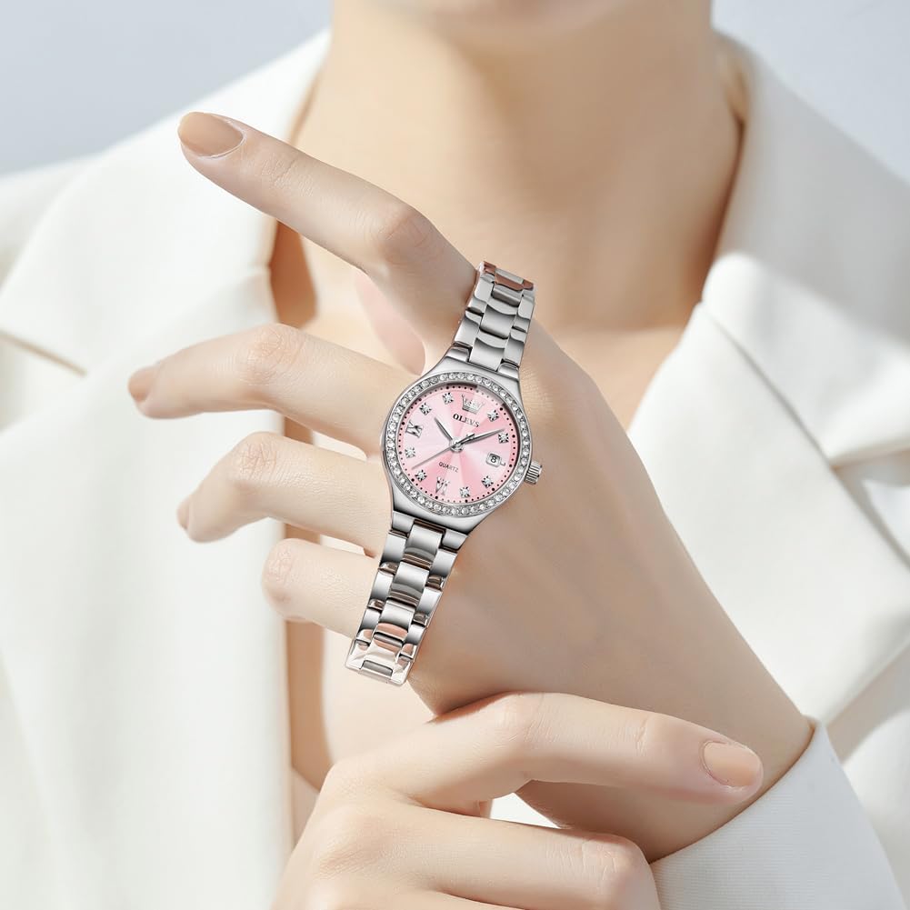 OLEVS Reloj para Mujer Plateado de Acero Inoxidable Elegante Analógico Lúmenes Visibles
