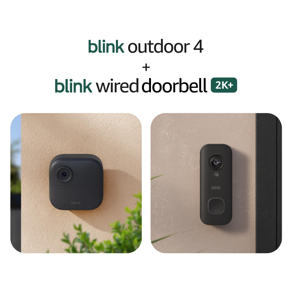 Blink Outdoor 4 y Videotimbre cableado 2K+ (último modelo): cámaras de 1080p con dos años de batería y videotimbre cableado de 2K. Módulo de sincronización básico incluido — 2 cámaras