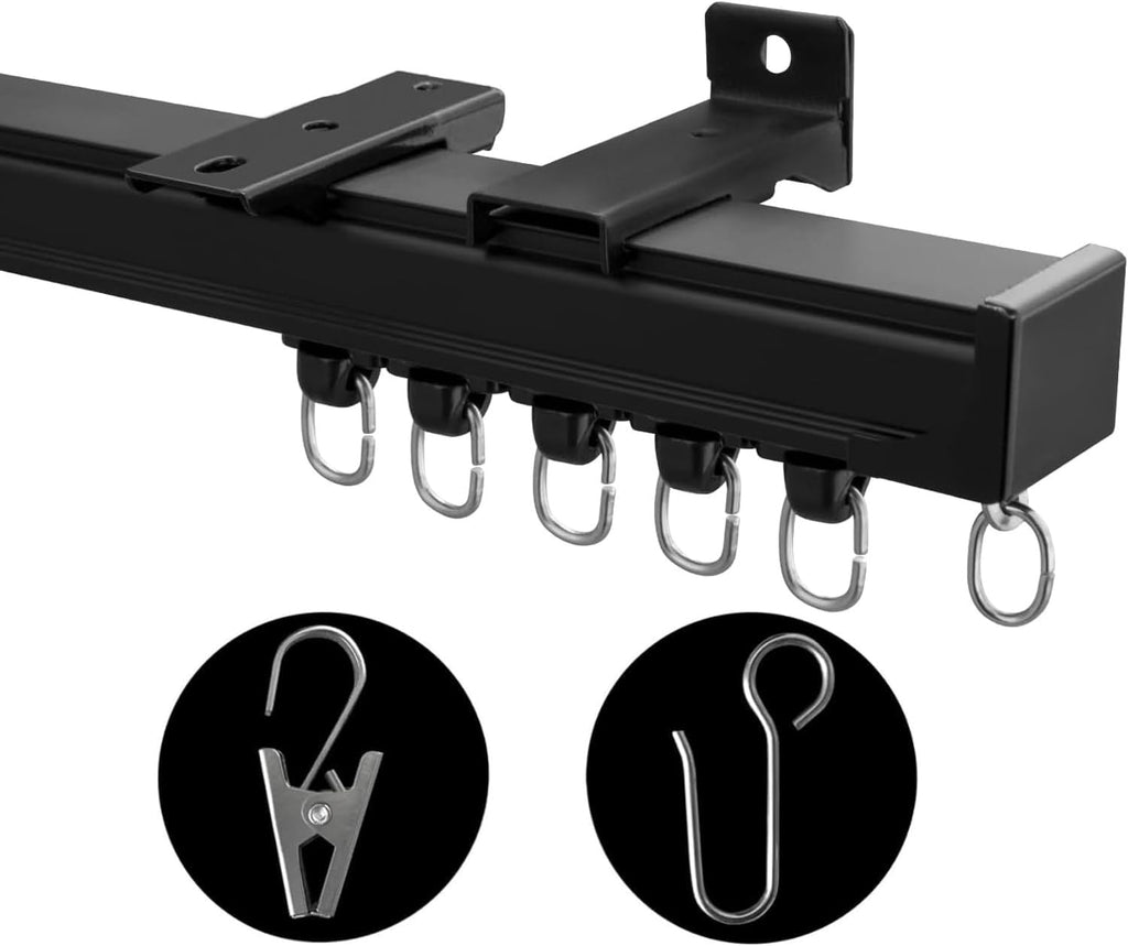 Riel de cortina de techo, sistema de rieles de cortina resistente para divisor de habitaciones, riel de cortina deslizante de montaje en pared con clip y ganchos para sala de estar, dormitorio, ducha, aire libre, negro, 6 pies - 9 pies