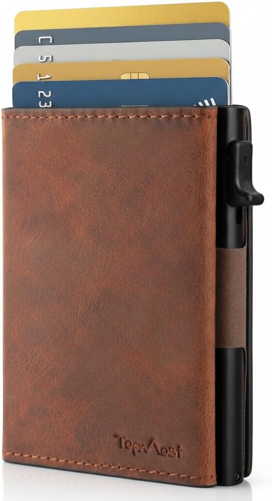TopMost Billetera desplegable de cuero genuino para hombres, soport...