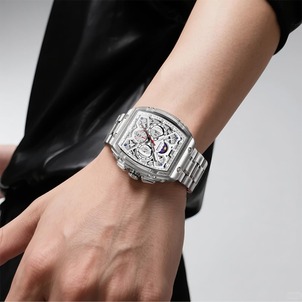 OLEVS Reloj para Hombres Analógico Cuarzo Lujo Diamante Resistente al Agua Cronógrafo Acero Inoxidable Carita Grande Cuadrado Fecha Fase Lunar Romano Relojes de Vestir para Hombres