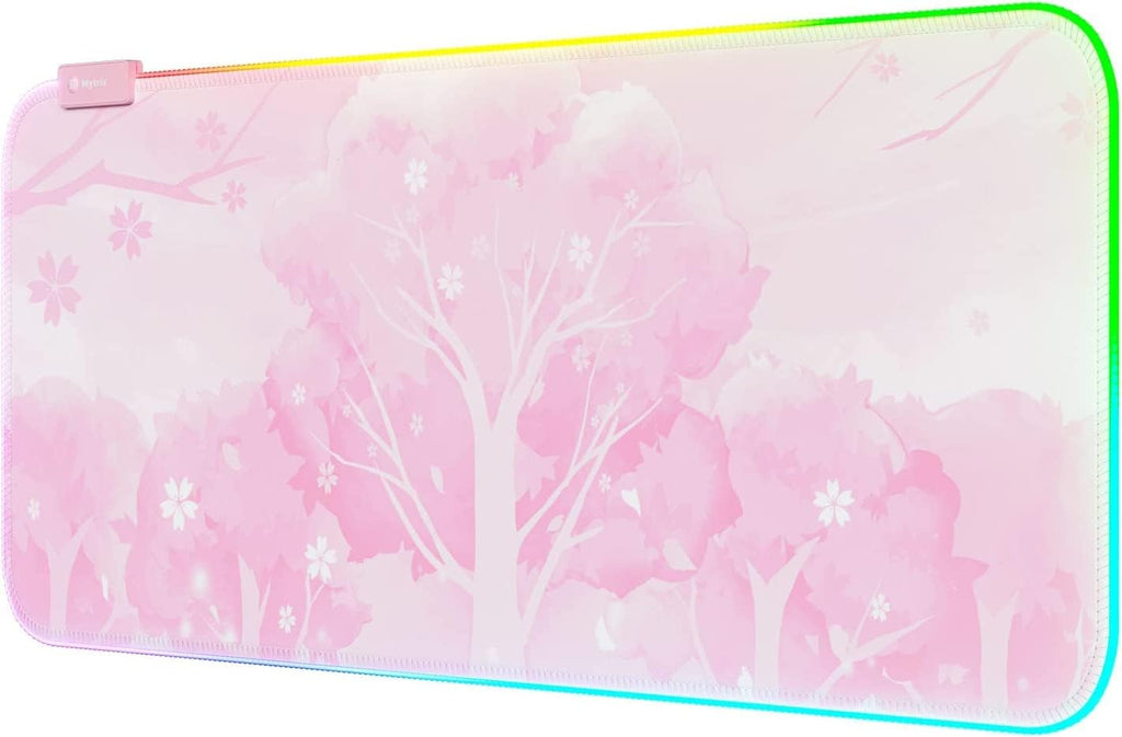 Alfombrilla de mouse para juegos LED RGB rosa, almohadilla brillante de 14 modos, alfombrilla de mouse extragrande para juegos, goma impermeable antideslizante, linda alfombrilla Sakura extendida para teclado grande y alfombrilla de mouse para jugadores