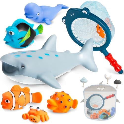 Juguetes de baño sin moho sin agujeros para niños de 1 a 3 años, juguetes de agua para bebés de 6 a 12 meses con bolsa de almacenamiento, juguetes de tiburón bebé para piscina, bañera, playa, ducha, b