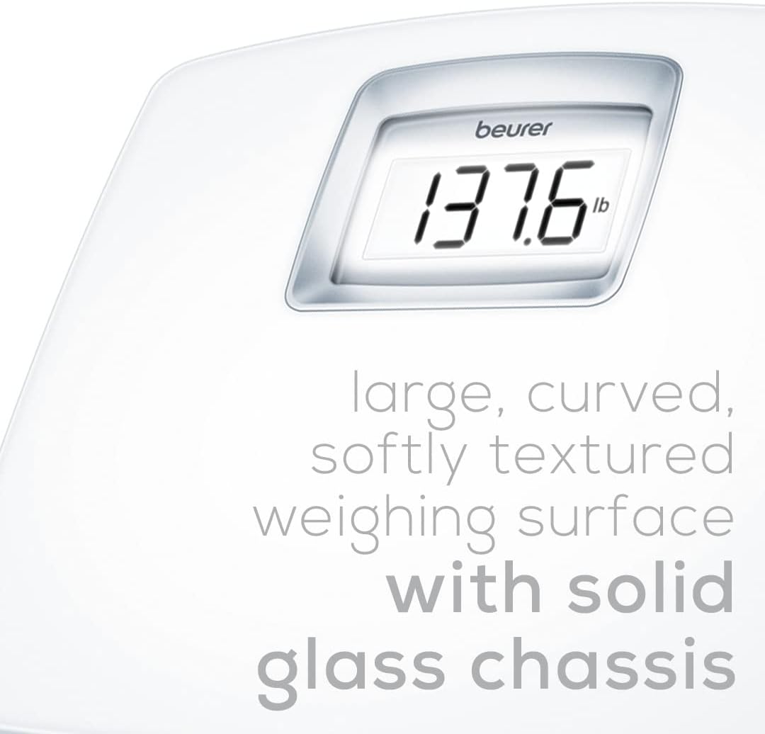 Beurer Báscula digital de baño PS25 para peso corporal, capacidad de 400 libras, calibración automática, pantalla retroiluminada XL, báscula corporal de vidrio, precisa y precisa